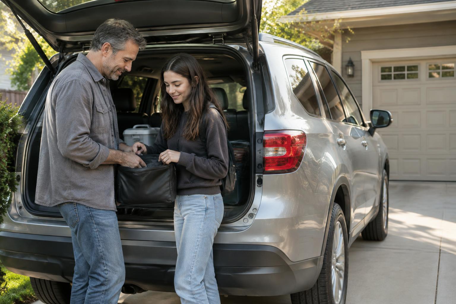 A father and his college-age daughter preparing at the open trunk of their vehicle